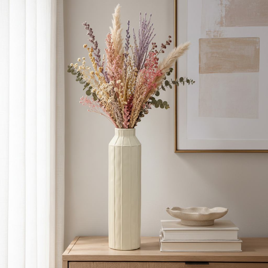 A tall cream-colored textured ceramic vase filled with a colorful arrangement of dried grasses, flowers, and greenery, styled on a light wood console table next to books and a small dish.