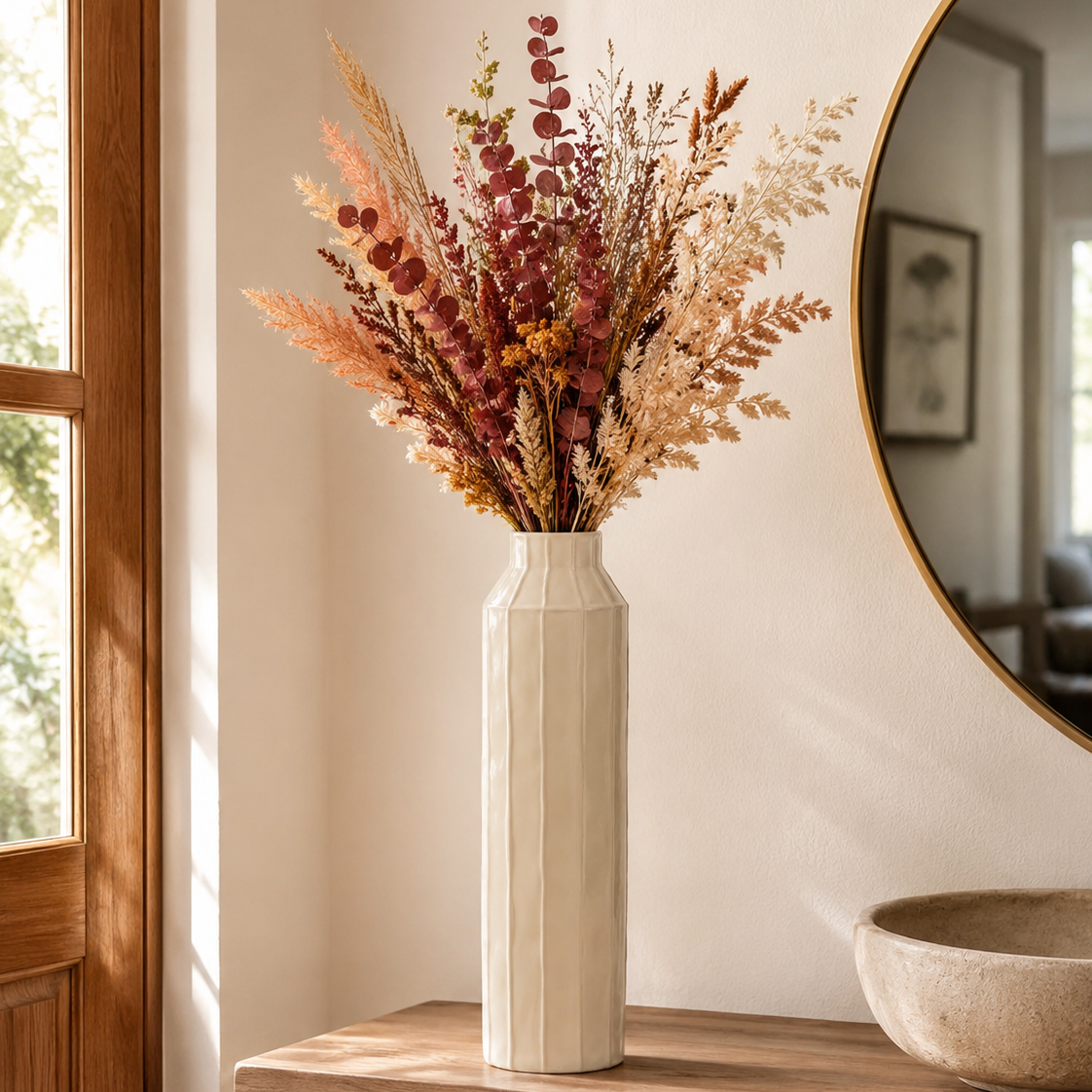 A tall cream-colored faceted ceramic vase filled with a dried floral arrangement in muted terracotta, beige, and peach tones, styled on a wooden console table in a warm, sunlit room next to a mirror and stone bowl.