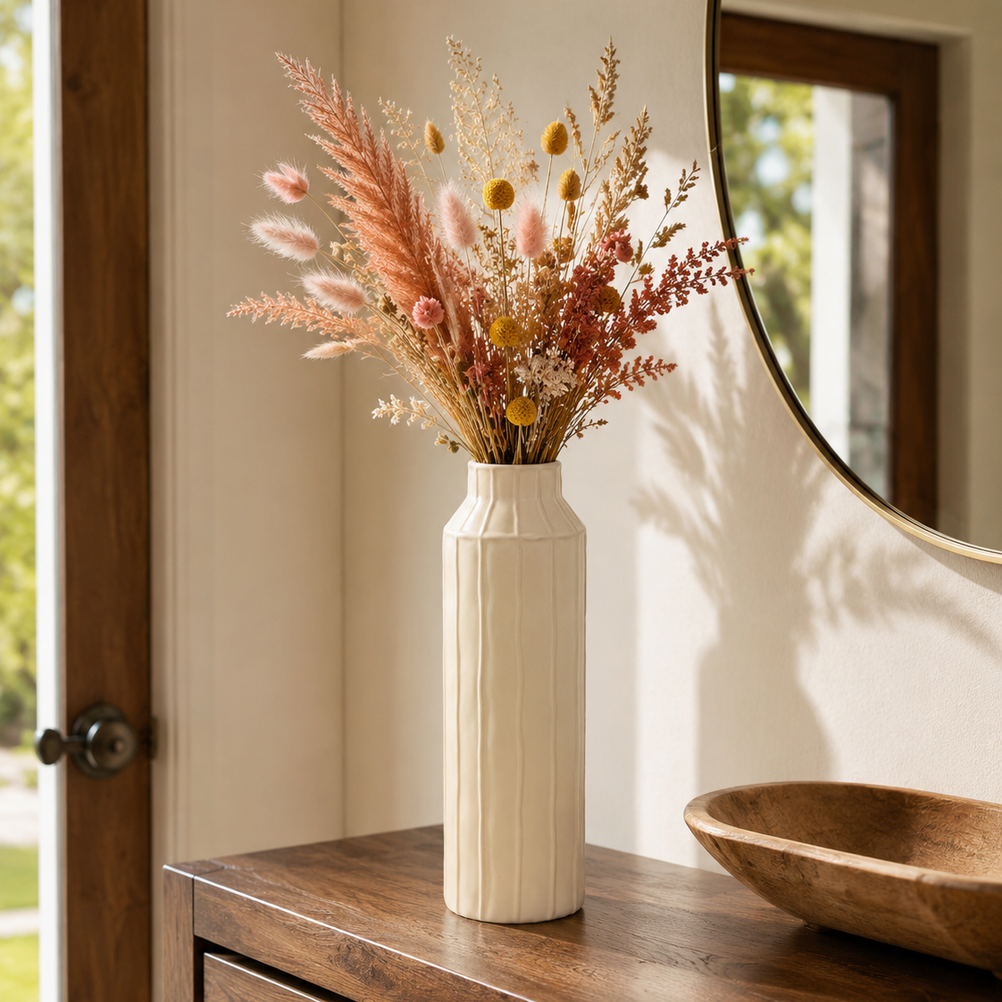 A cream-colored ribbed ceramic vase filled with dried pink, peach, and beige flowers, styled on a dark wood console table next to a wooden bowl and a round mirror.