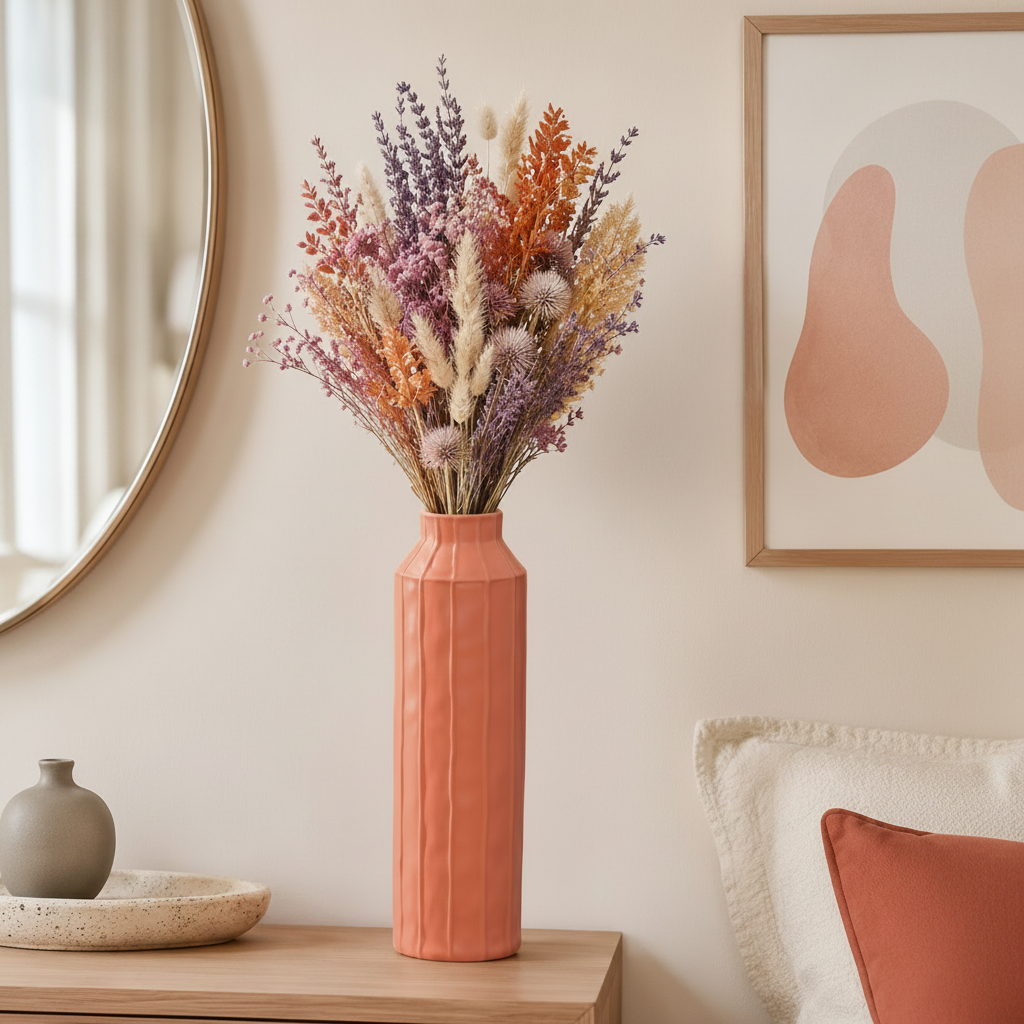 A tall ribbed terracotta pink ceramic vase filled with a colorful assortment of dried flowers, displayed on a light wood side table in a cozy, modern room setting.