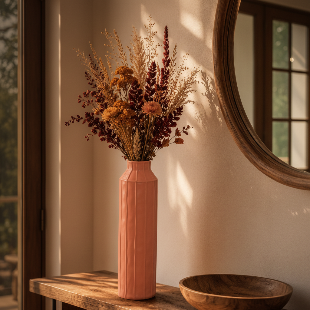 A tall, ribbed terracotta pink ceramic vase filled with dried autumn flowers, displayed on a rustic wooden console table in a warm, sunlit room.