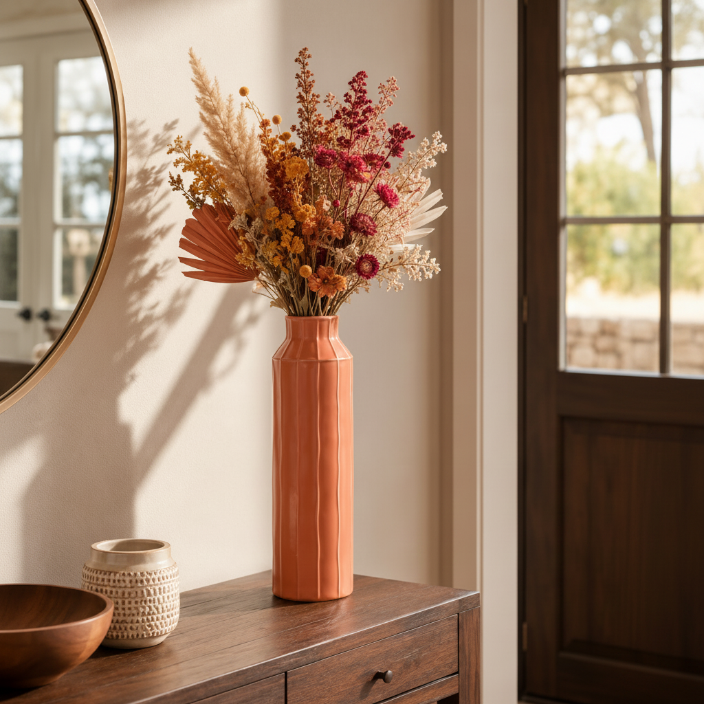 A tall, ribbed terracotta orange ceramic vase filled with a dried floral arrangement in warm orange, beige, and cream tones, styled on a dark wood console table in a sunlit room.