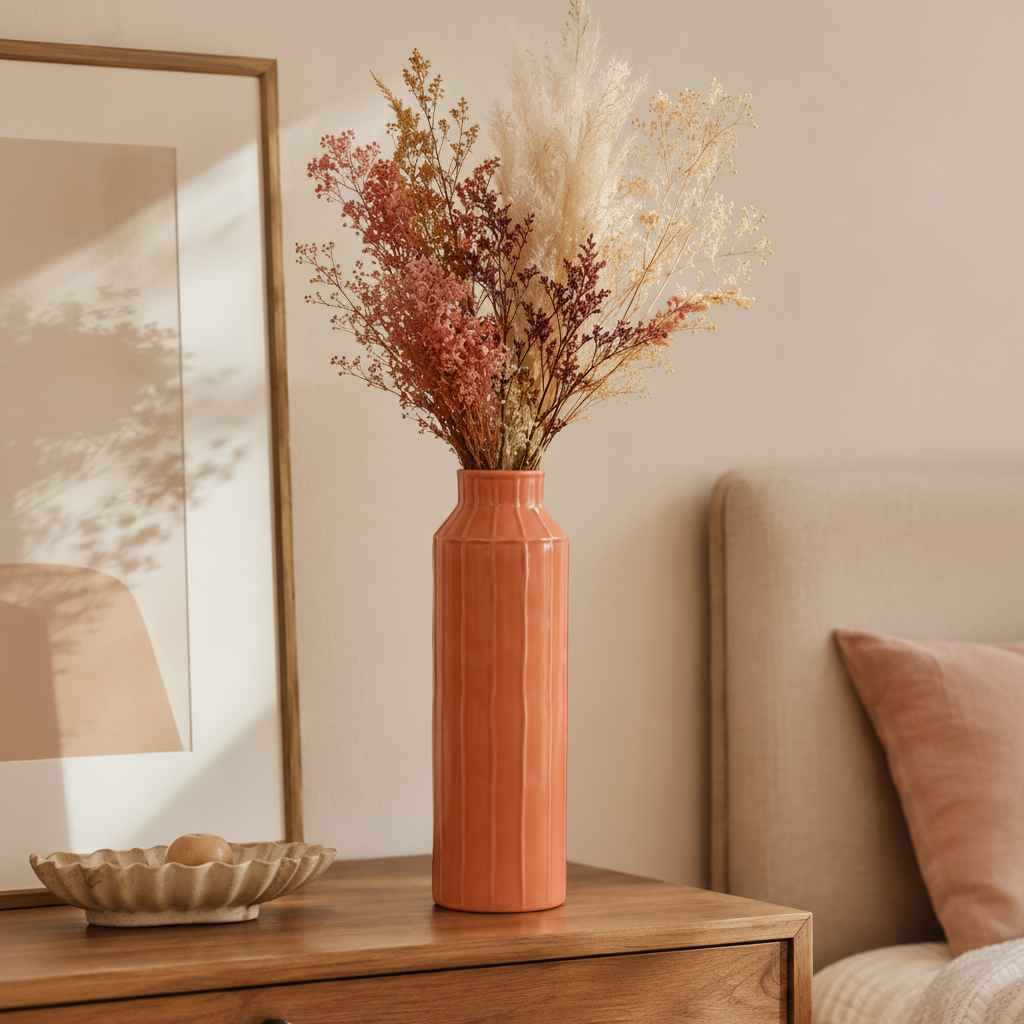 A tall, ribbed terracotta ceramic vase filled with dried pampas grass and dusty pink flowers, styled on a wooden side table in a warm, neutral-toned room.