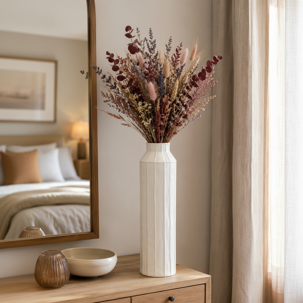 A tall, white, faceted ceramic vase filled with a dried floral arrangement in muted burgundy, beige, and brown tones, styled on a wooden dresser in a softly lit bedroom.