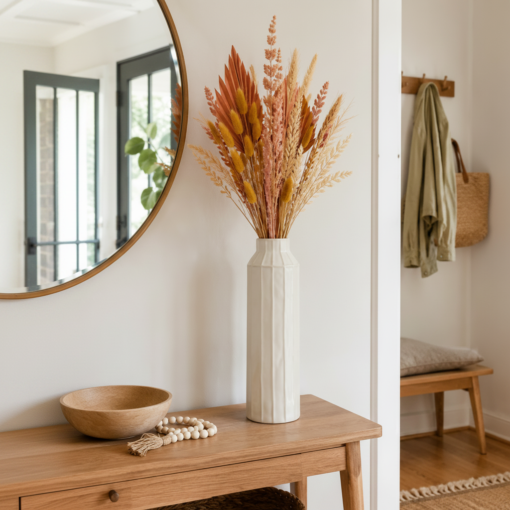 A tall, textured off-white ceramic vase filled with dried orange, rust, and tan botanical stems, styled on a wooden console table in a bright, modern entryway.