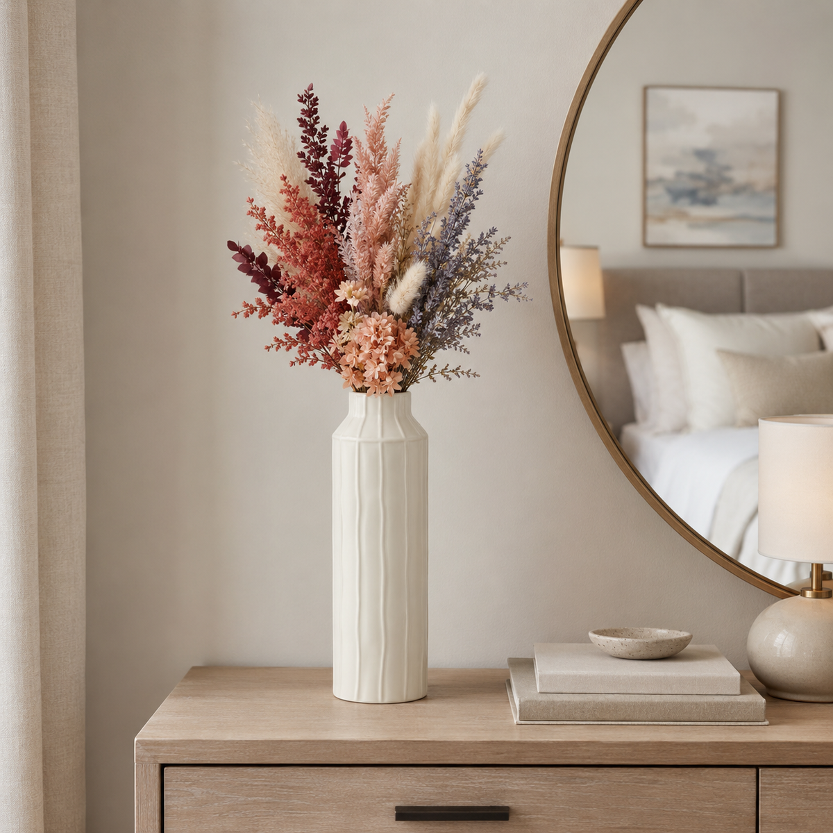 A tall white ribbed ceramic vase holding a dried floral arrangement in muted pink, beige, and dusty purple tones, styled on a light wood dresser beside books and a lamp, with a large round mirror reflecting a bedroom background.