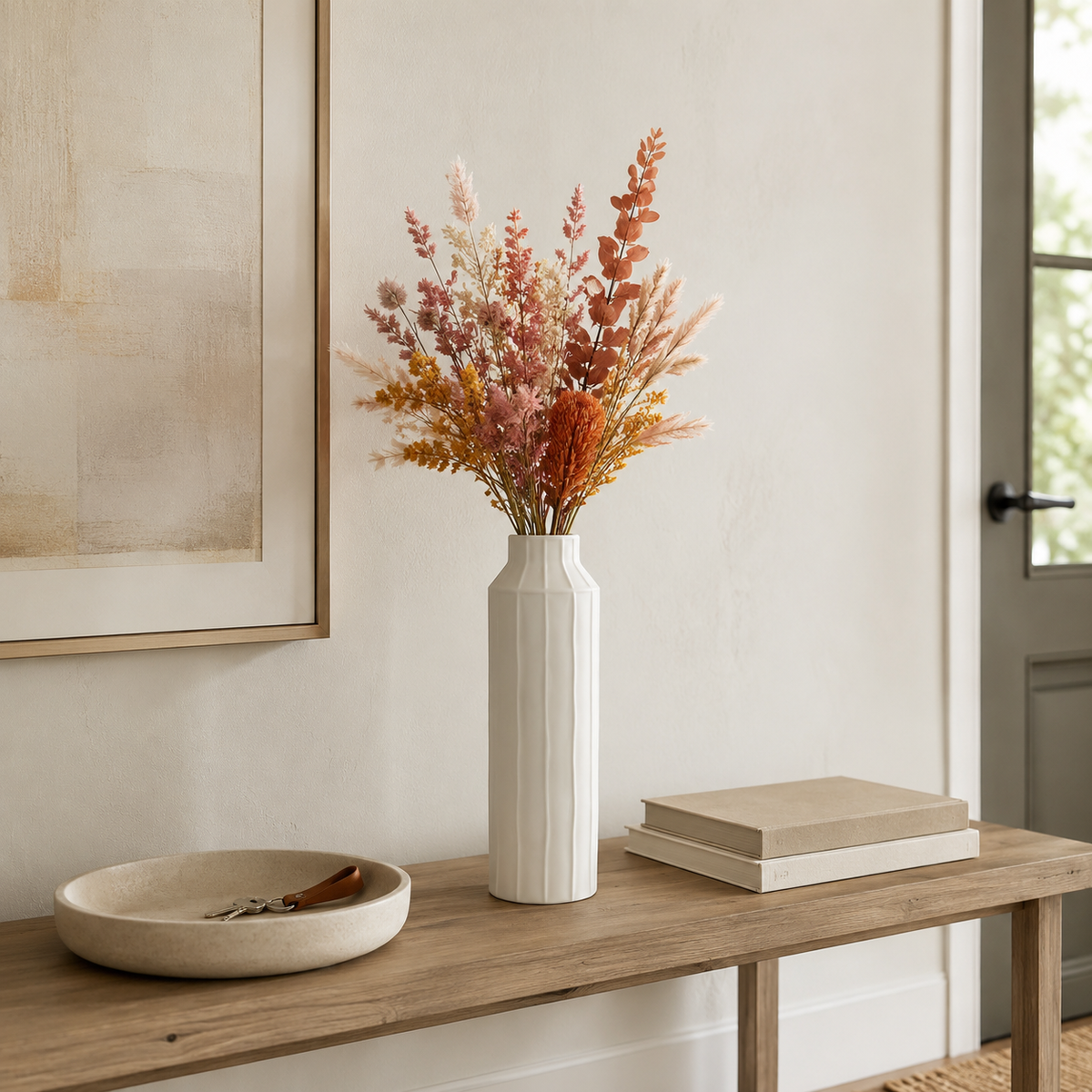 A tall, ribbed white ceramic vase filled with dried orange, pink, and brown botanical stems, styled on a wooden console table in a warm, neutral-toned room.