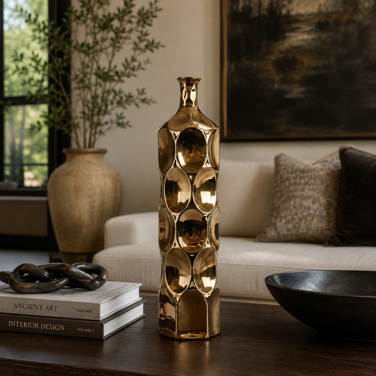 A tall, textured metallic gold decorative vase with a honeycomb-like circular pattern, displayed on a dark wooden coffee table in a modern living room setting.