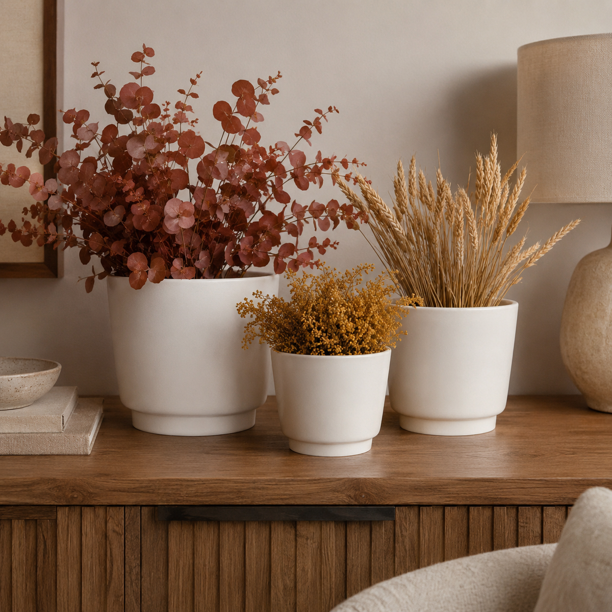 Eden Ceramic Plain Round Pot on Base Design (Set of 3)