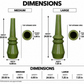 A dimension chart comparing medium and large sizes of an olive green garden stake or cone-shaped post. The chart shows height, opening width, and width measurements with labeled callouts and a summary table at the bottom.