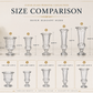 A size comparison chart showing seven clear glass pedestal vases in ascending height, with labeled dimensions and the heading 'SIZE COMPARISON' on a beige background.