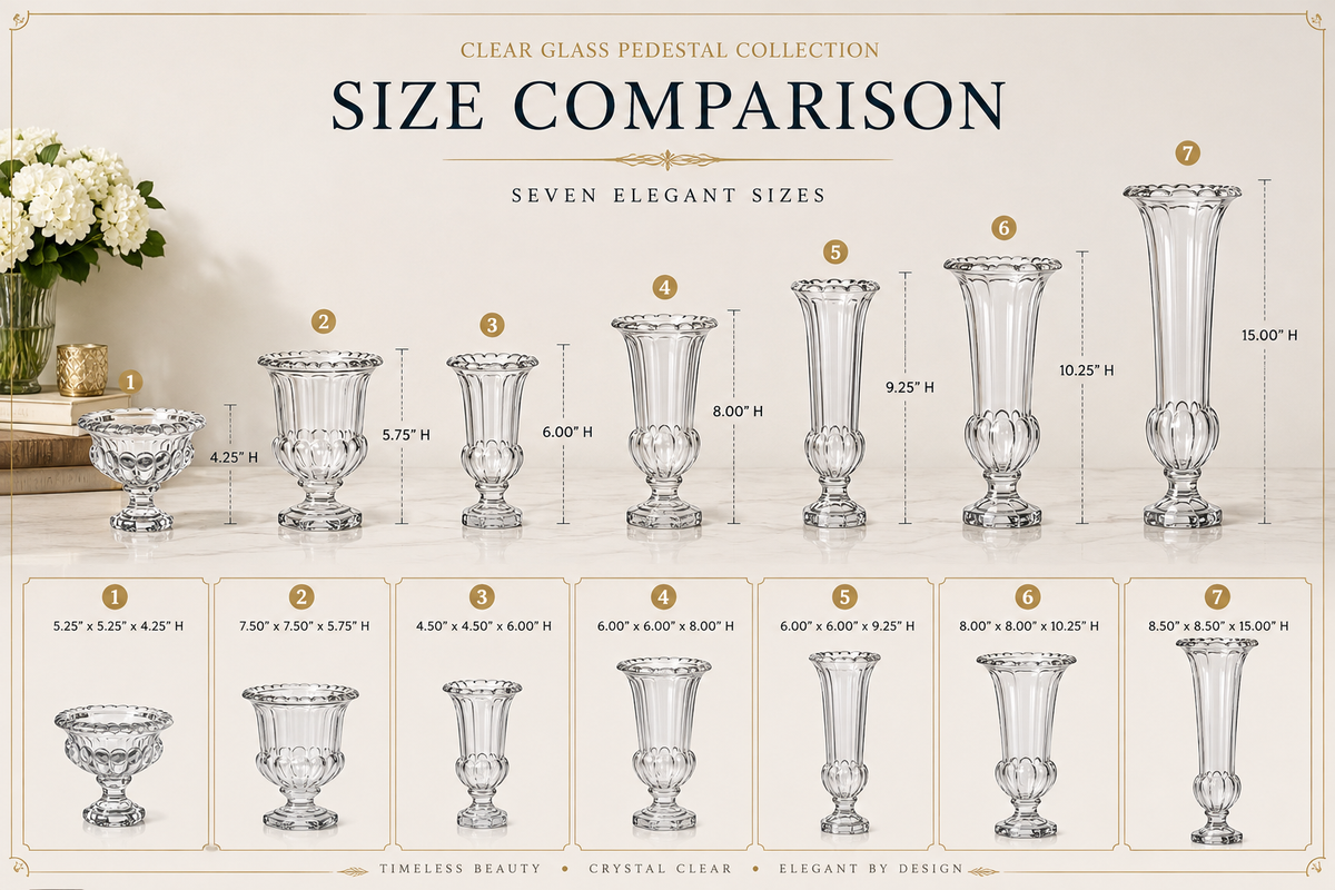A size comparison chart showing seven clear glass pedestal vases in ascending height, with labeled dimensions and the heading 'SIZE COMPARISON' on a beige background.