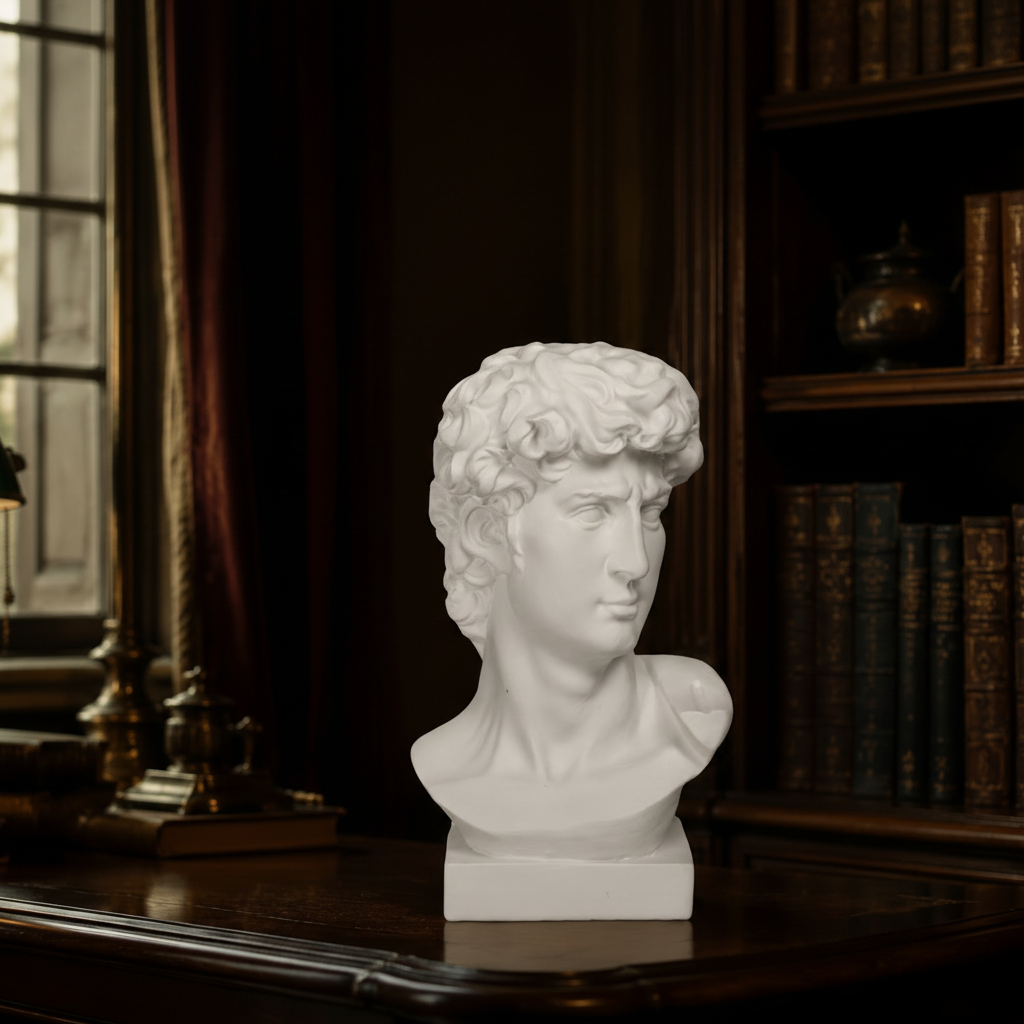 A white classical-style bust sculpture of Michelangelo's David is displayed on a dark wooden desk inside a dimly lit study with bookshelves in the background.