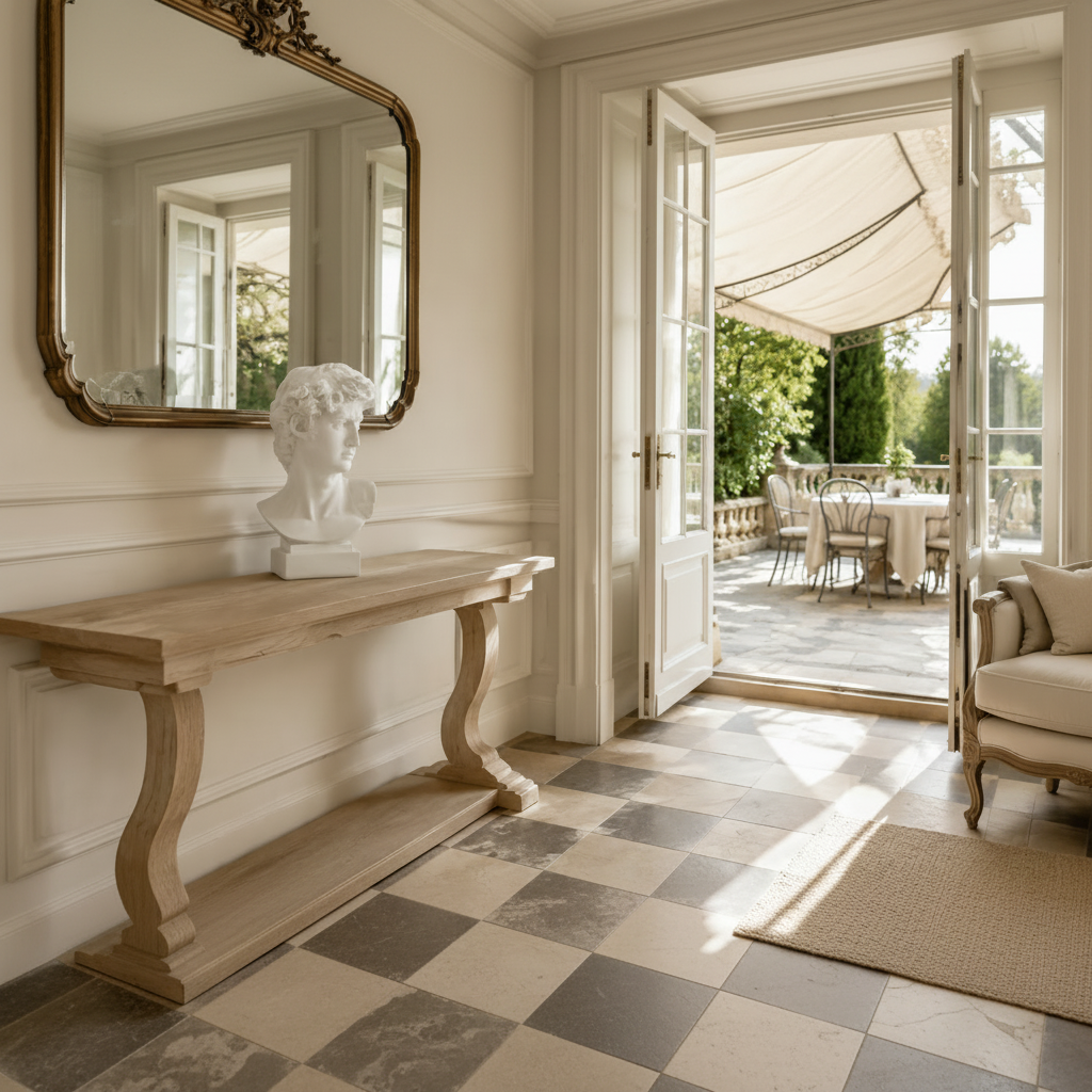 A styled interior entryway with a light wood console table, a white classical bust sculpture, a large wall mirror, and open French doors leading to a sunlit outdoor patio with dining furniture.