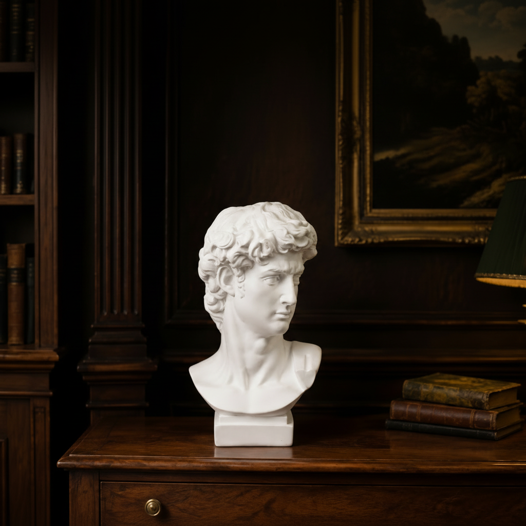 A white classical-style bust sculpture of a young man with curly hair, displayed on a dark wooden console table in a dimly lit study with books and a lamp in the background.