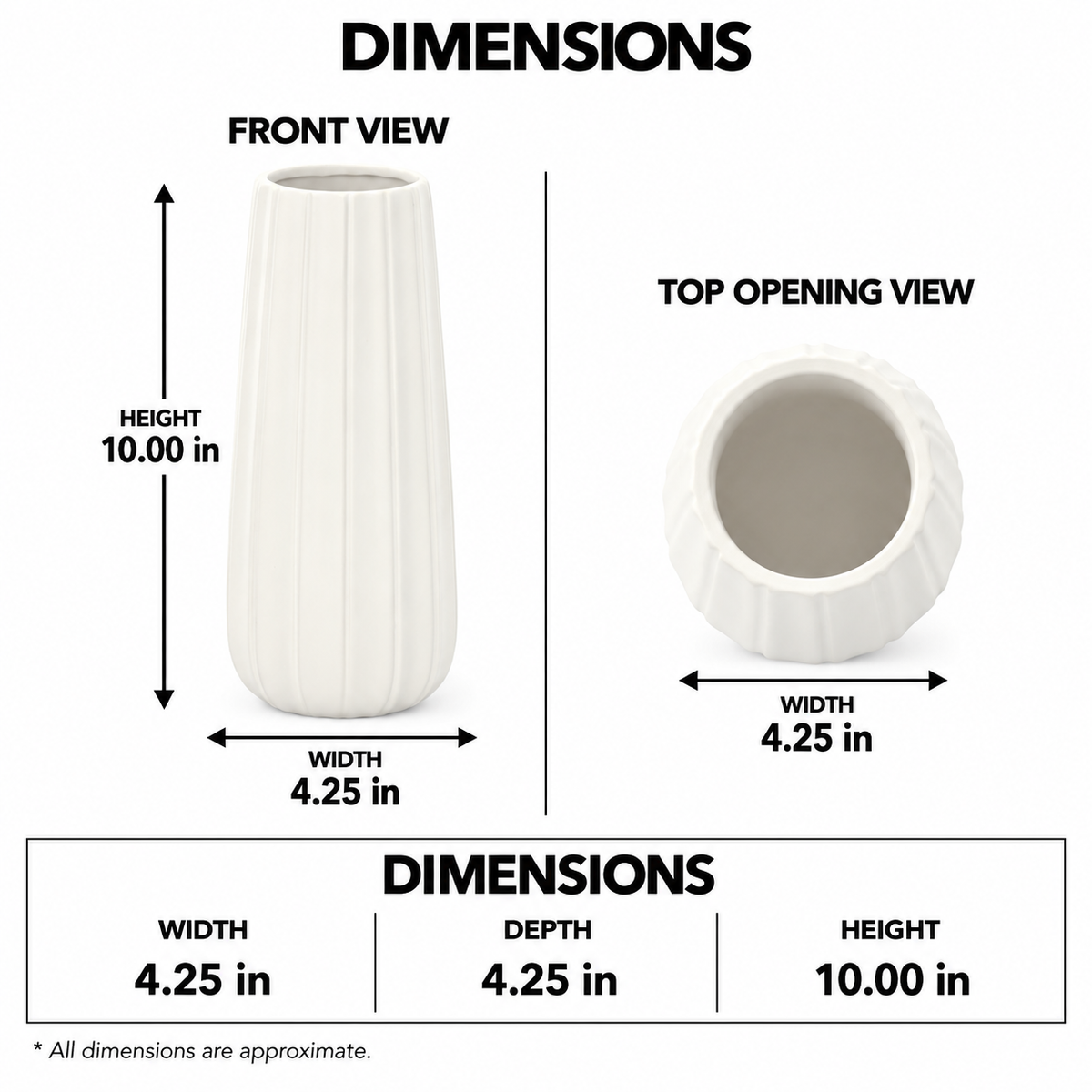 A dimension diagram showing a white ribbed ceramic vase from the front and top opening views, with labeled measurements for height and width on a white background.