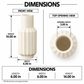 A dimension diagram showing a cream-colored ribbed ceramic vase from the front and top, with labeled measurements for height, width, and top opening width on a white background.