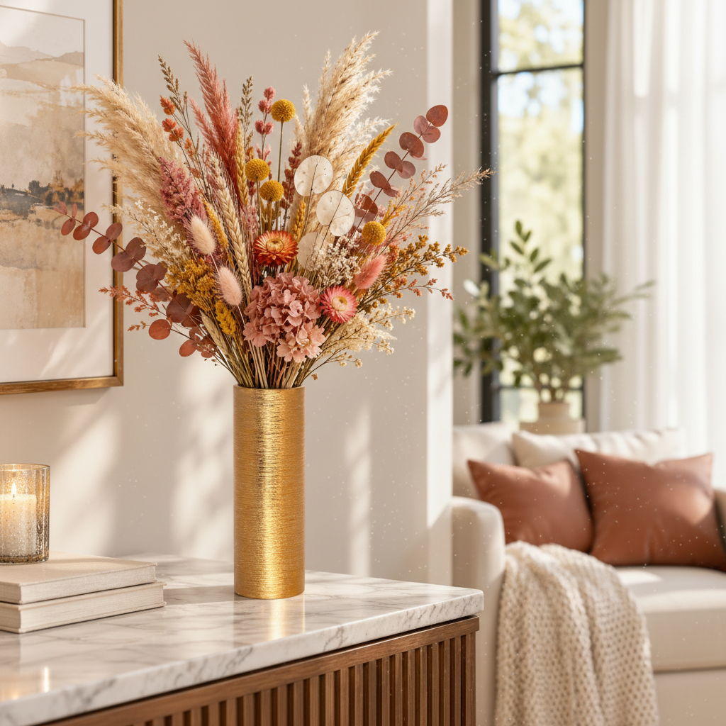 A dried floral arrangement in a textured gold cylindrical vase, displayed on a marble-topped console table in a warm, modern living room setting.