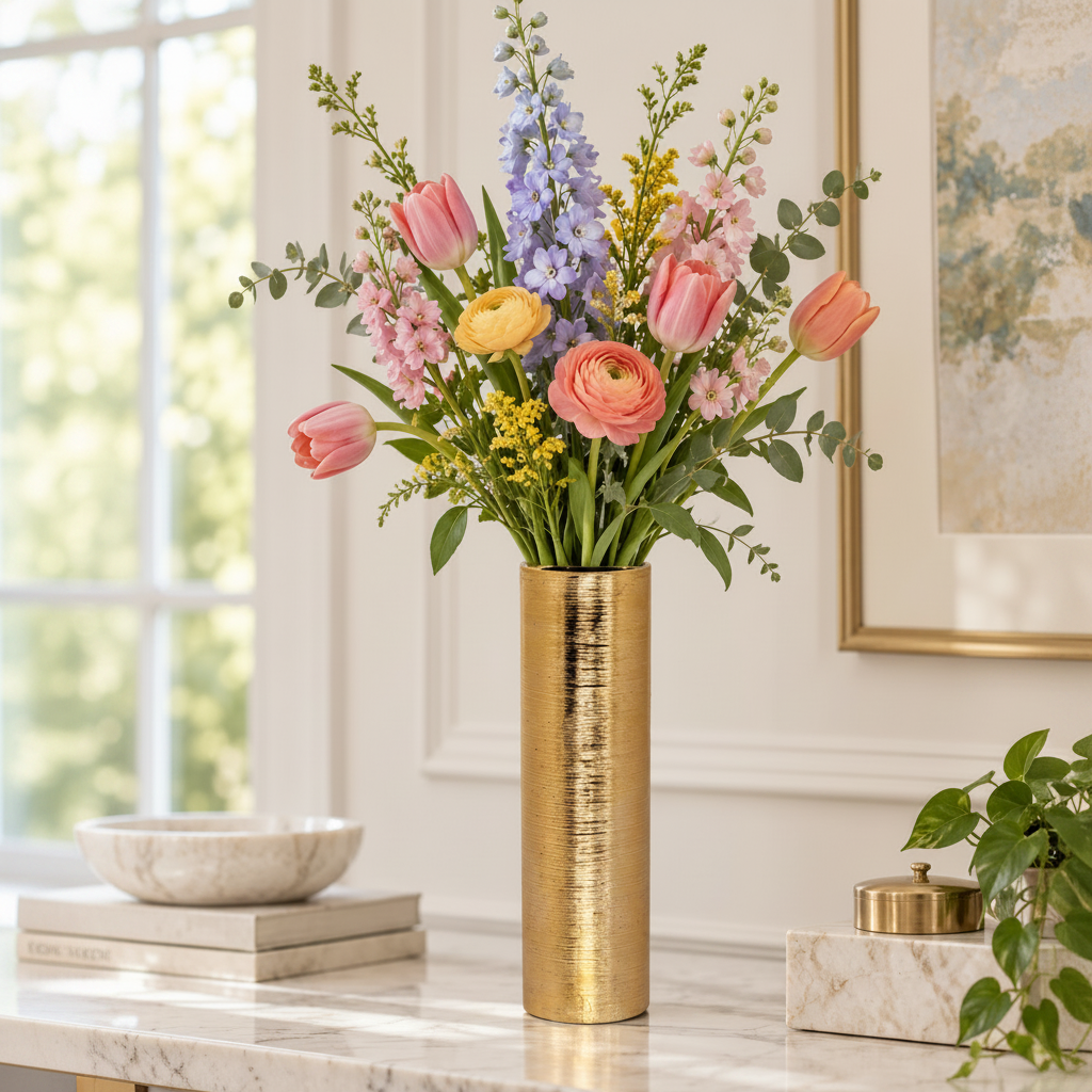 A tall cylindrical gold vase filled with a colorful spring flower arrangement, including pink tulips, peach ranunculus, purple delphiniums, yellow blossoms, and green foliage, displayed on a marble console table in a bright room.