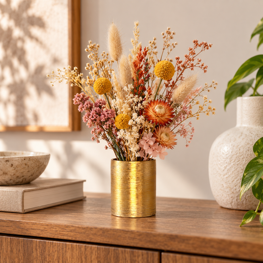 A gold cylindrical vase filled with a dried flower arrangement in warm autumn tones, placed on a wooden console table in a styled interior setting.