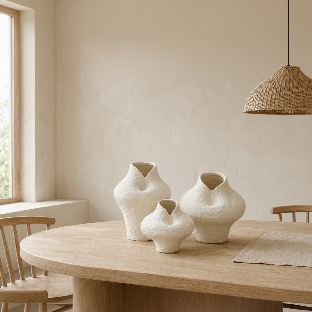 Three textured off-white ceramic vases in different bulbous shapes arranged on a light wood dining table in a warm, minimalist room.