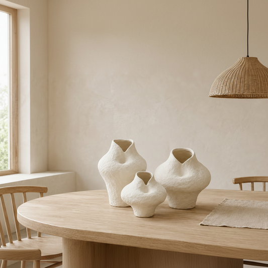 Three textured off-white ceramic vases in different bulbous shapes arranged on a light wood dining table in a warm, minimalist room.