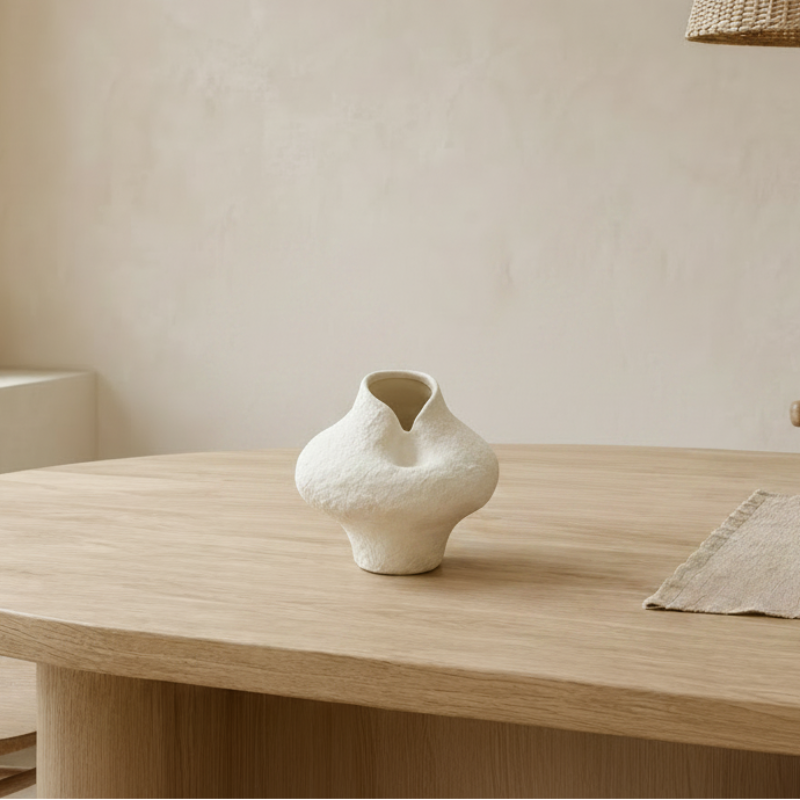 A small textured off-white ceramic vase with a bulbous shape sits on a light wood dining table in a minimalist room with beige walls, wooden chairs, and a woven pendant light.