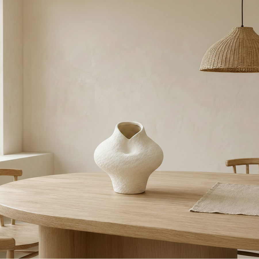 A textured off-white ceramic vase with a bulbous shape sits on a light wood dining table in a minimalist, warm-toned room with a woven pendant light and wooden chairs.