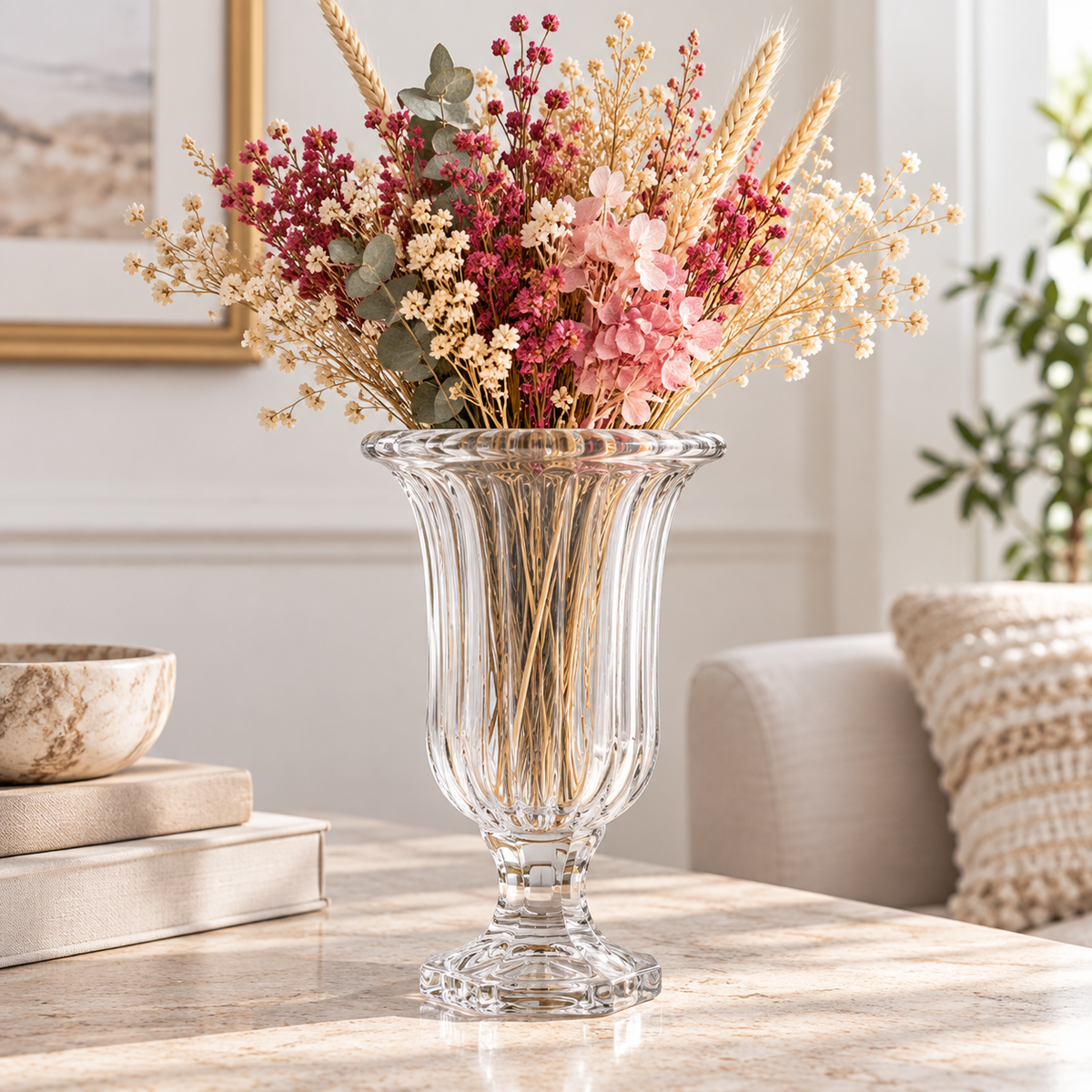 A clear ribbed glass pedestal vase filled with dried floral arrangements in pink, burgundy, cream, and muted green, displayed on a light stone table in a softly styled interior setting.