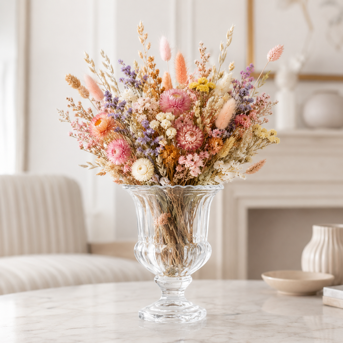 A dried flower arrangement in a clear glass pedestal vase, placed on a light marble table in a softly lit interior room with a blurred sofa and fireplace in the background.