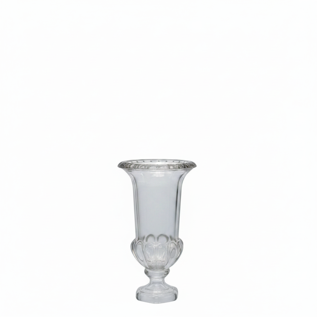 A clear glass pedestal vase with a flared rim and a decorative fluted base, shown against a plain white background.