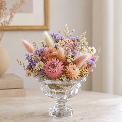 A dried flower arrangement in a clear glass pedestal bowl, placed on a light marble tabletop in a softly styled interior setting.