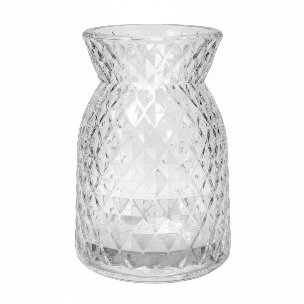 Cari Handcrafted Faceted Glass Vase with Tapered Neck & Diamond-Cut Pattern