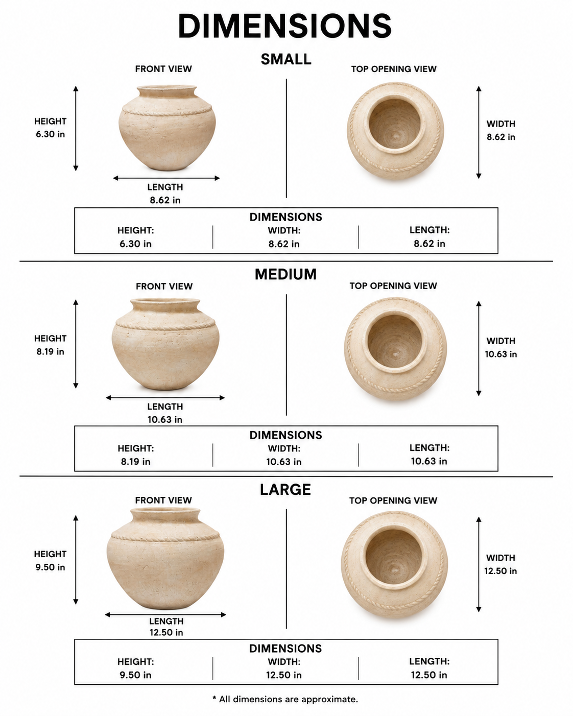 A dimension chart showing front and top opening views of a small, medium, and large beige ceramic pot with approximate measurements for height, length, and width on a white background.