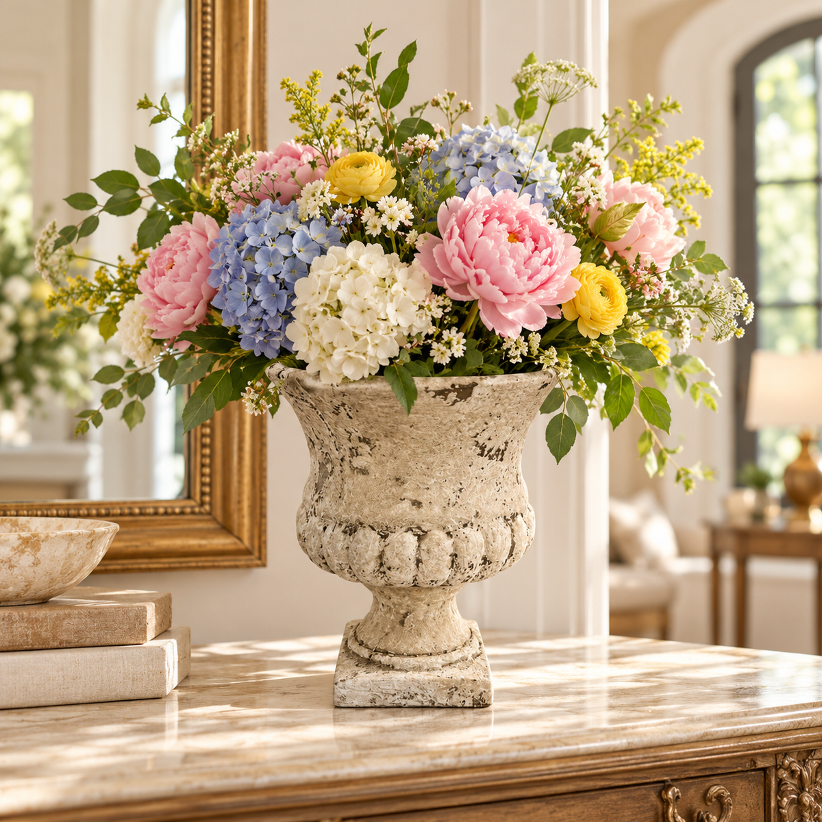 Nona Fluted Pedestal Cement Urn Planter