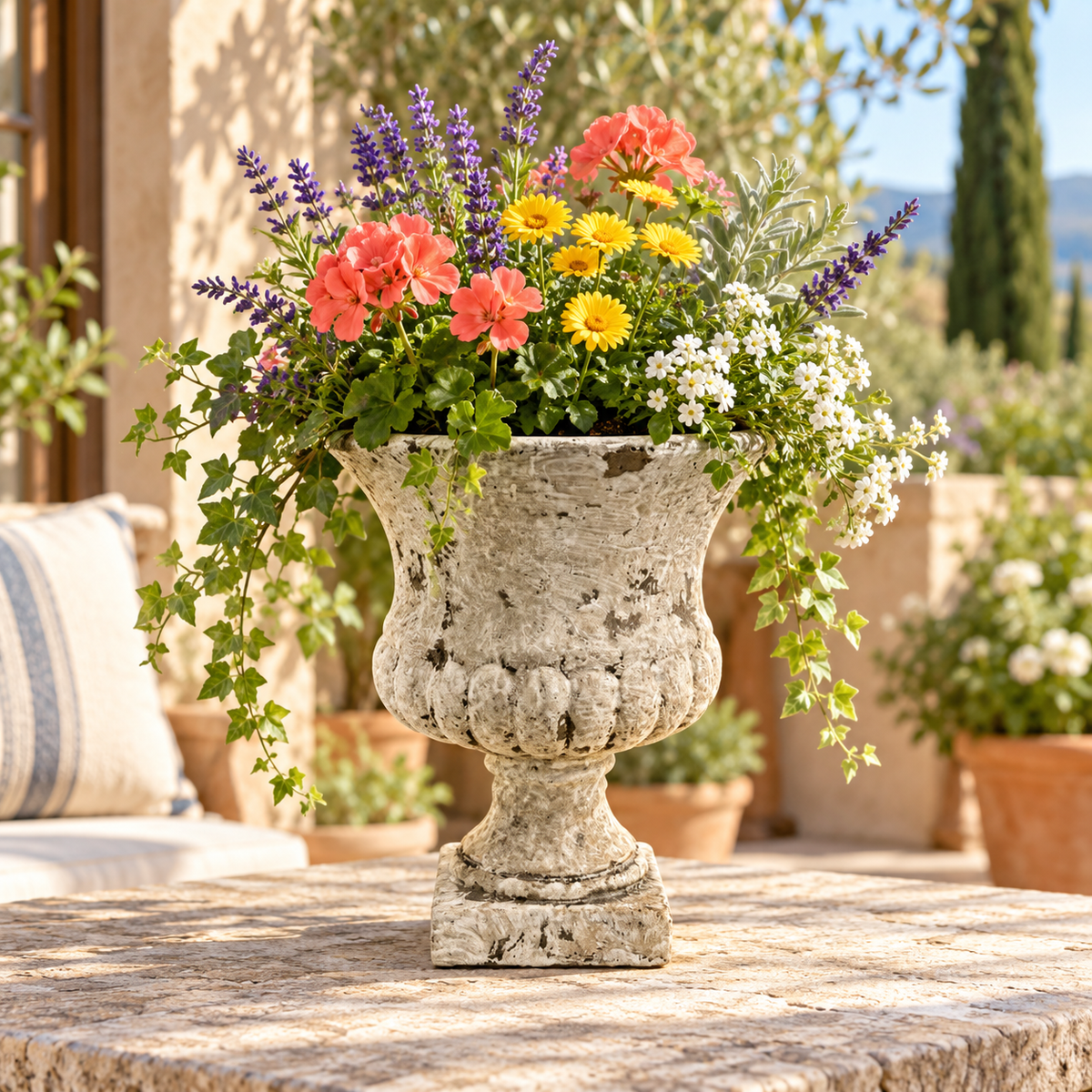 Nona Fluted Pedestal Cement Urn Planter