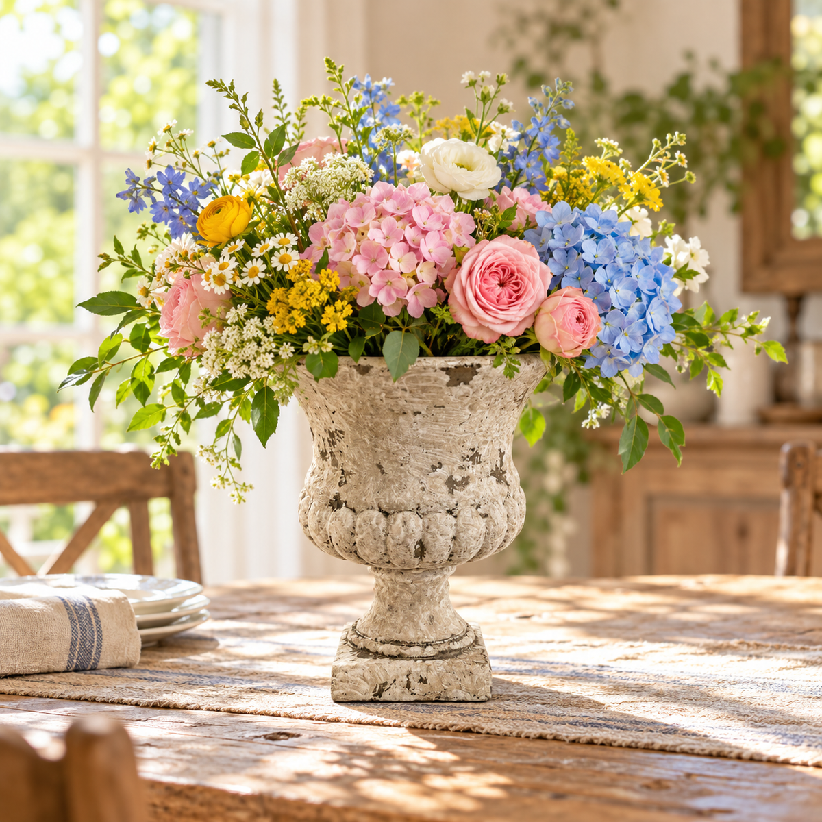 Nona Fluted Pedestal Cement Urn Planter