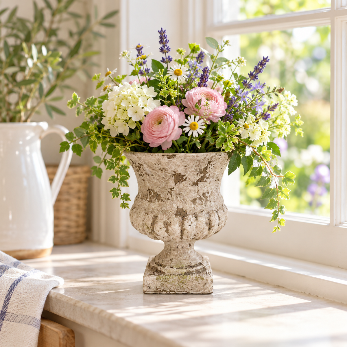 Nona Fluted Pedestal Cement Urn Planter