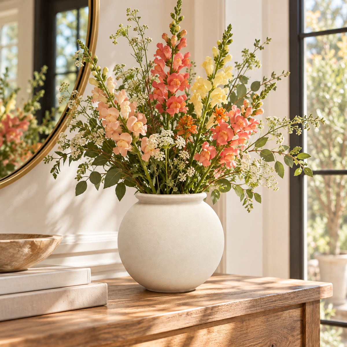 A ceramic white vase filled with a colorful floral arrangement of pink, orange, and yellow flowers with green foliage, displayed on a wooden console table in a bright room.