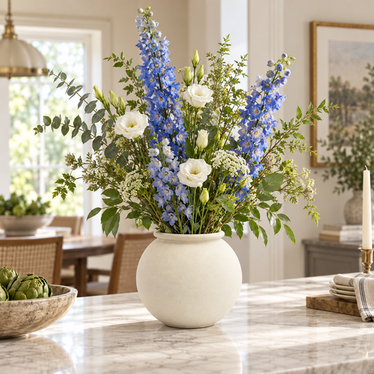 A floral arrangement in a round cream ceramic vase on a marble countertop, featuring blue delphiniums, white roses, and green foliage in a bright dining room setting.