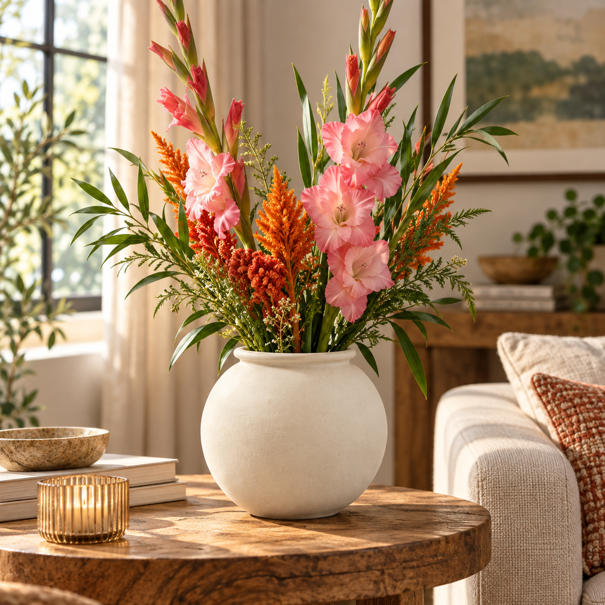 A vibrant floral arrangement featuring pink gladiolus, orange feathery stems, and green foliage in a round white ceramic vase, set on a rustic wooden table in a warm, sunlit living room.