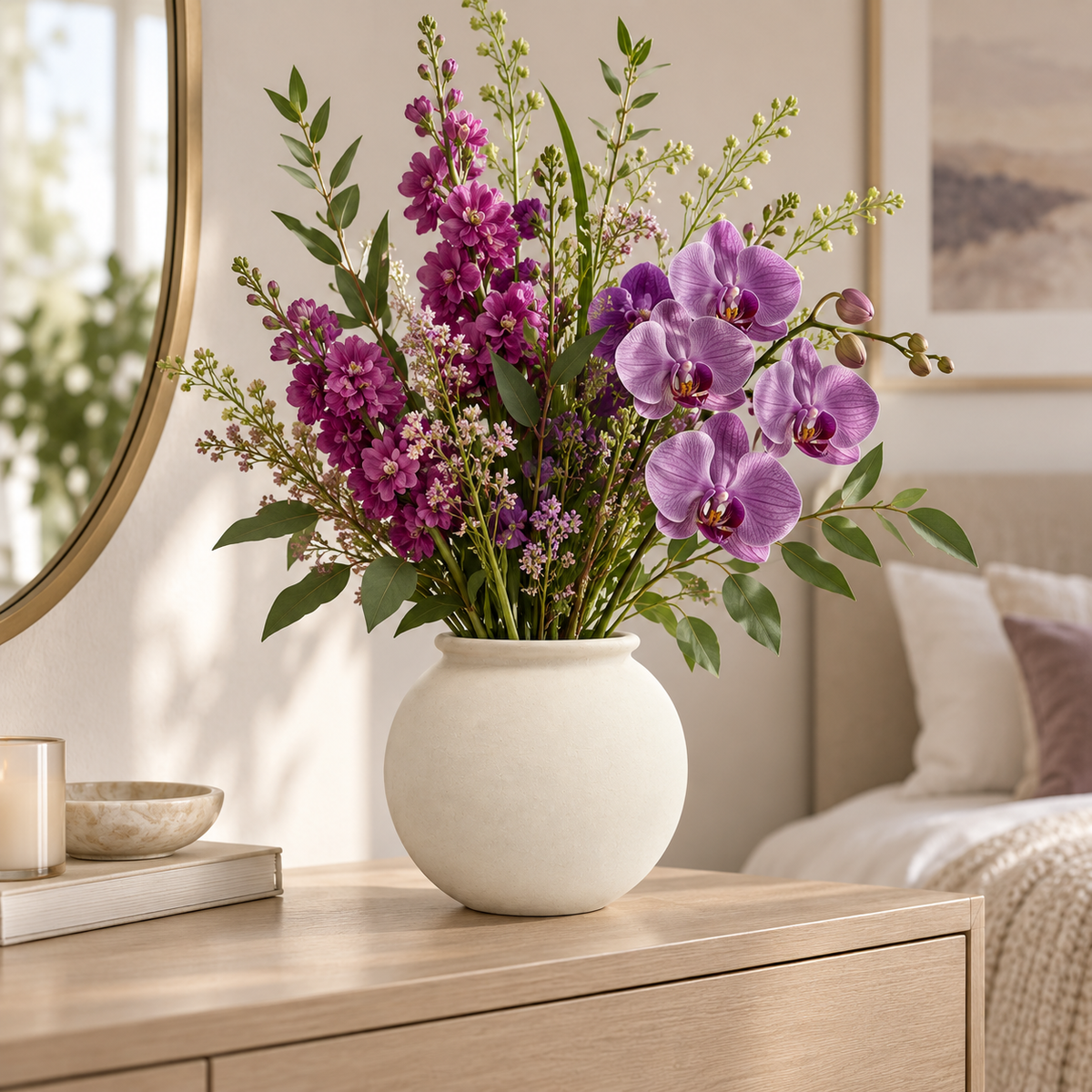 A ceramic white vase filled with a vibrant floral arrangement featuring purple orchids and magenta delphiniums on a light wood dresser in a beautifully styled bedroom.