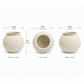 Three views of a small round ceramic pot with dimension labels: front view showing 8.5 inches wide by 7.