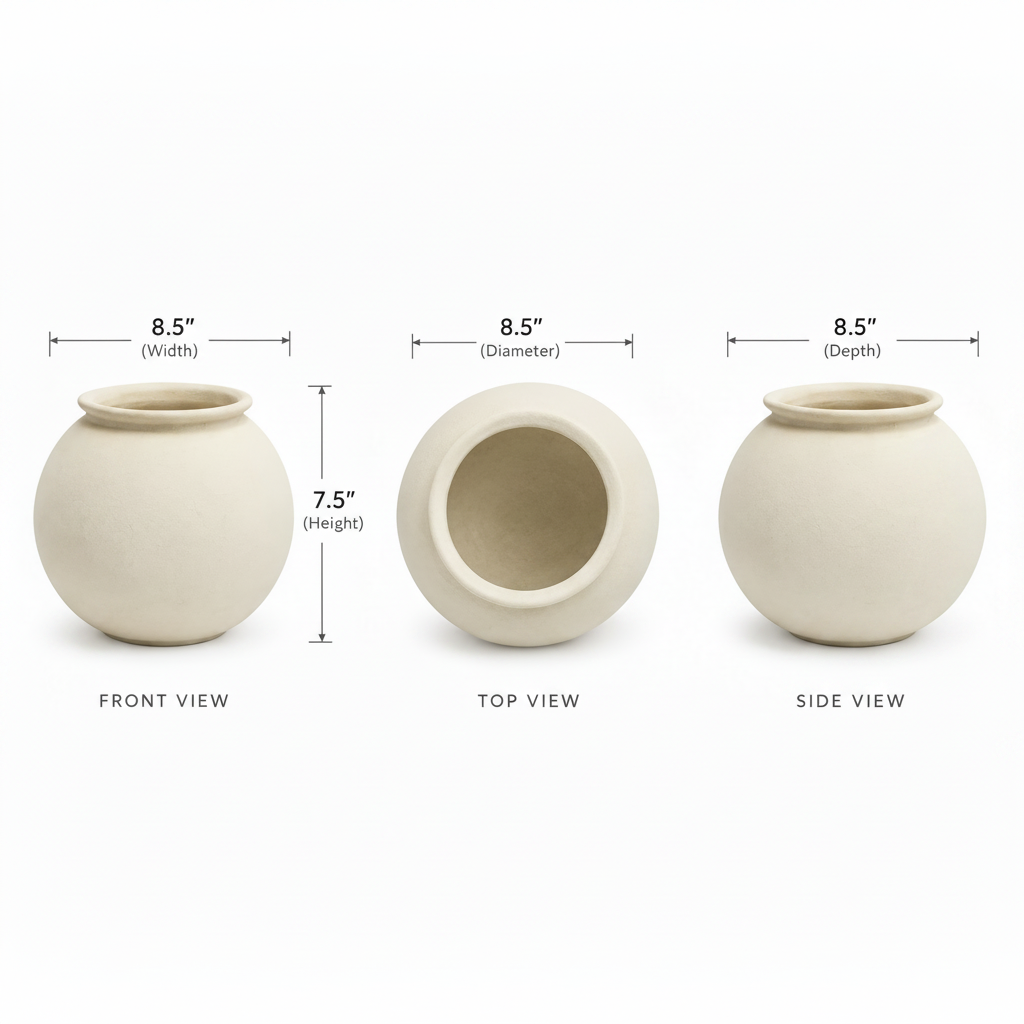 Three views of a small round ceramic pot with dimension labels: front view showing 8.5 inches wide by 7.