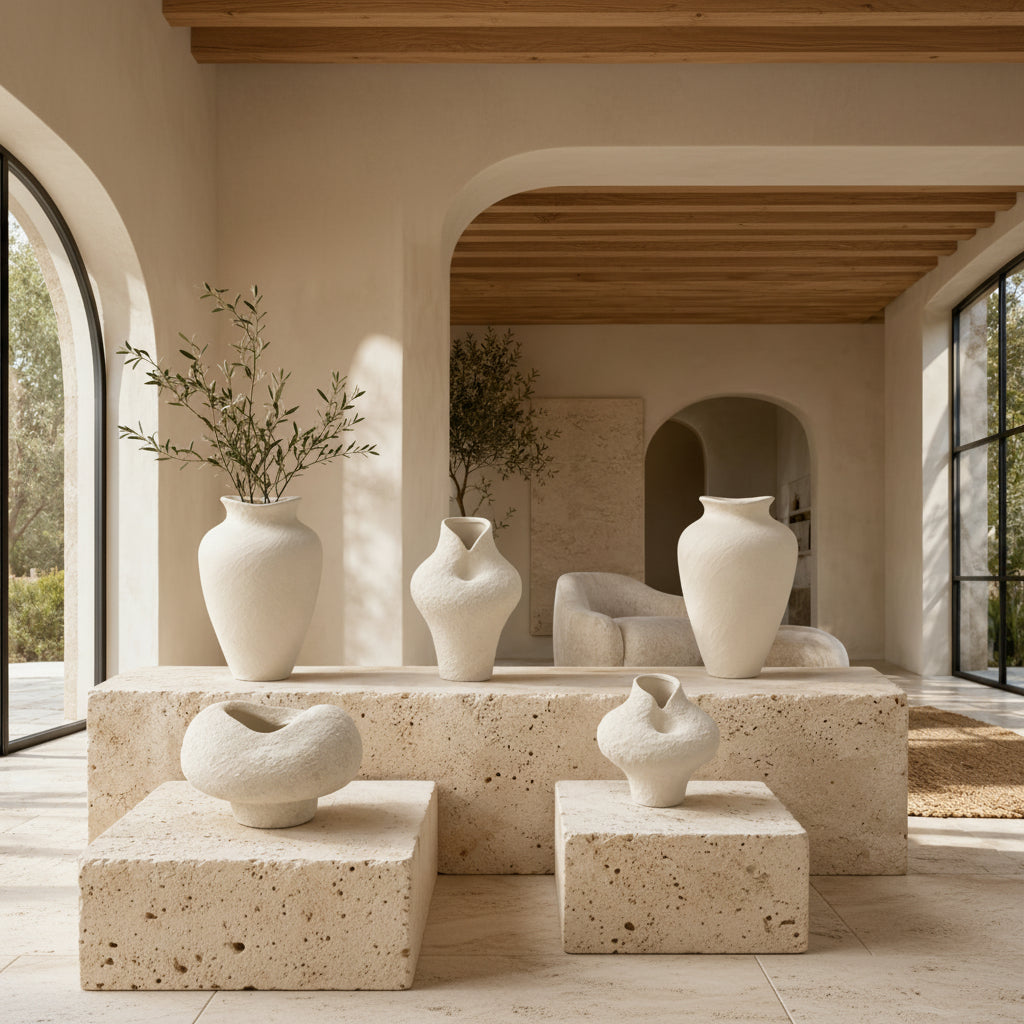 A set of sculptural, organic-shaped off-white ceramic vases displayed on stone plinths inside a modern, sunlit room with beige walls and large windows.