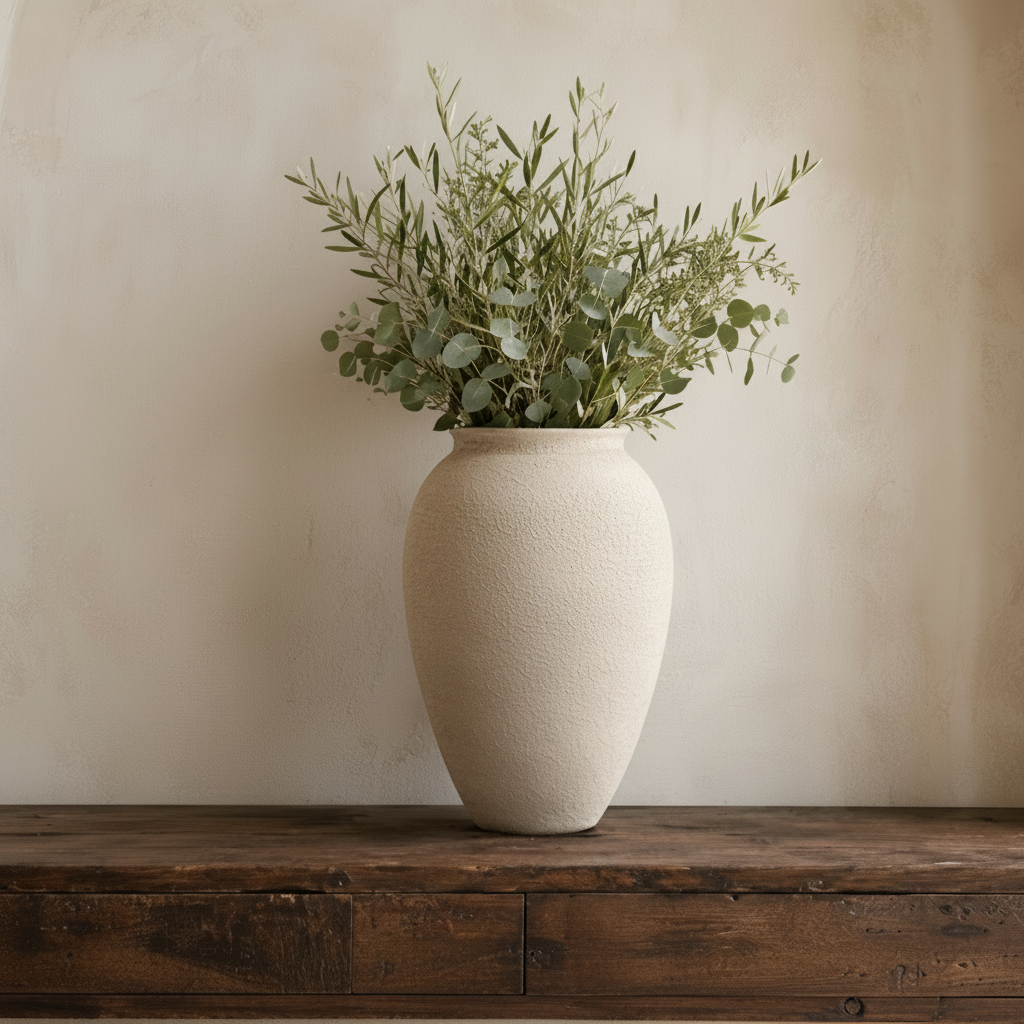 A tall textured cream ceramic vase filled with green eucalyptus branches, displayed on a rustic dark wood table against a warm beige plaster wall.