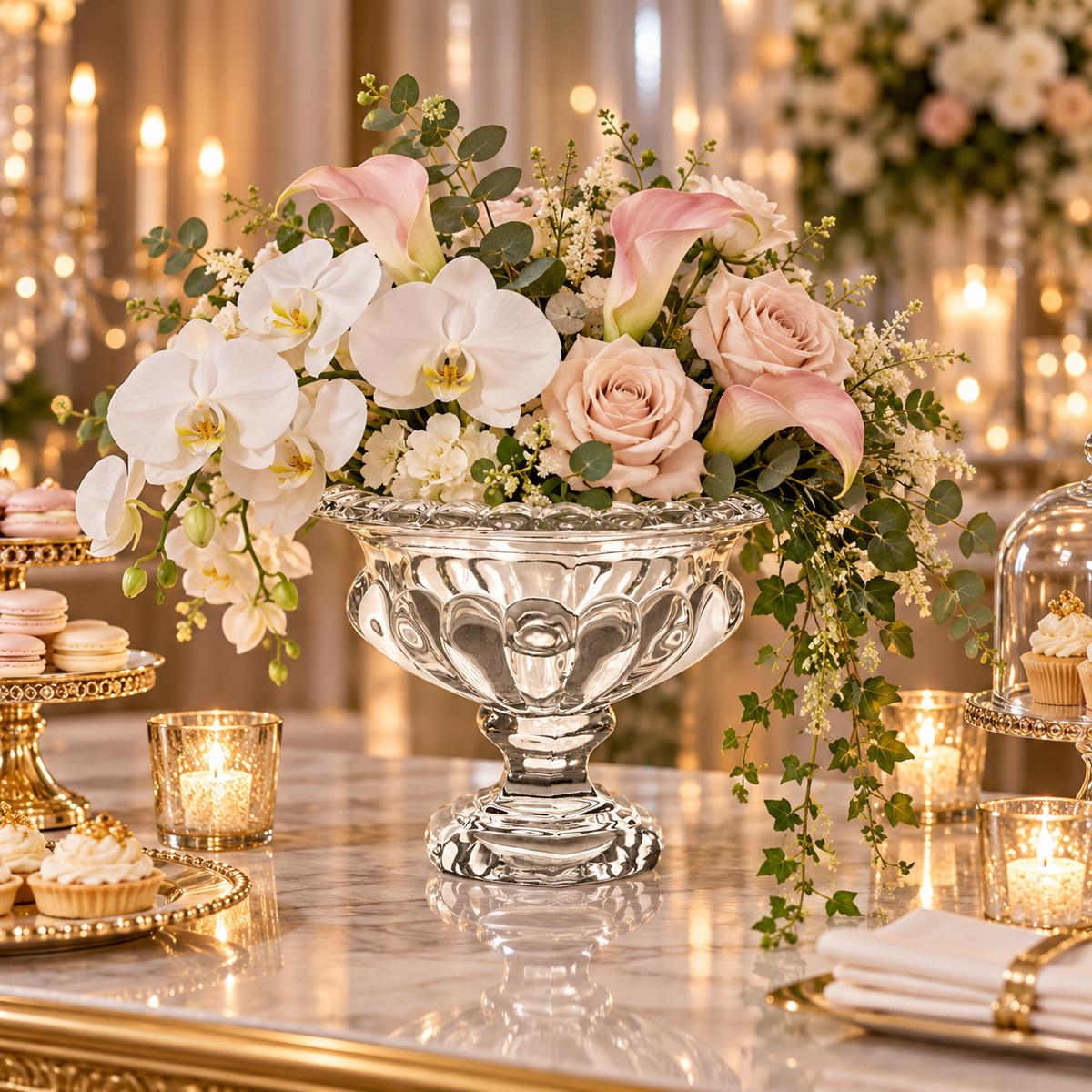 A floral arrangement in a silver pedestal bowl on a marble table, surrounded by lit candles, cupcakes, and elegant table settings in a warm indoor setting.