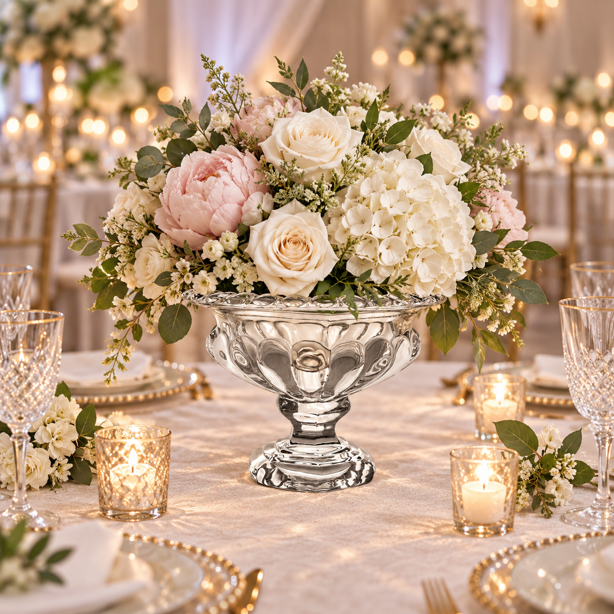 A floral centerpiece arrangement in a clear ornate pedestal bowl, set on a decorated dining table with lit candles, crystal glasses, and warm bokeh lights in the background.