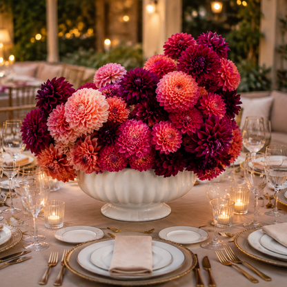 A large white pedestal bowl filled with a dense floral arrangement of dahlias in shades of pink, coral, and deep magenta, set on a decorated dining table with plates, candles, and wine glasses.
