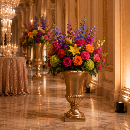 A large gold urn-shaped floral arrangement filled with vibrant multicolored flowers, including pink roses, orange lilies, purple delphiniums, and green hydrangeas, displayed in a grand, warmly lit hallway with marble floors and chandeliers.